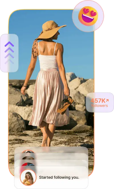 Buylikesservices home pahe image A girl Walking in beach, showing some increased followers, instagram user profiles and a smiling emoji