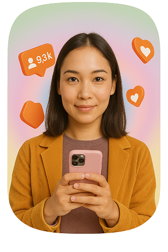 A girl holding phone, looking straight and inceased followers and likes icon in background 