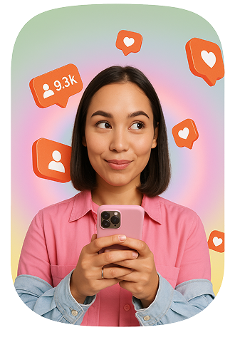  A girl thinking something while holding phone and in background Followers and likes icon showing