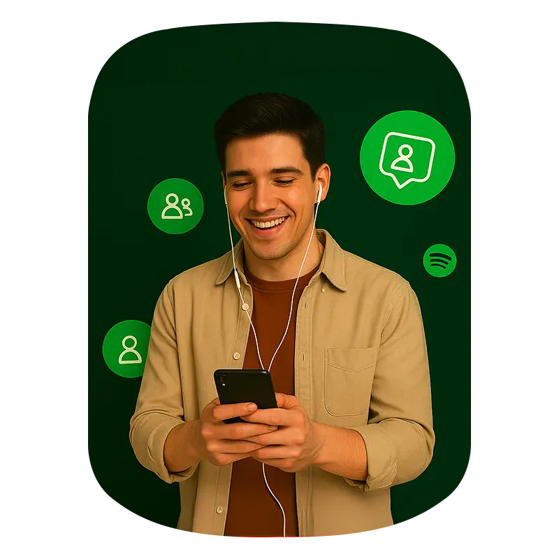 A young boy puting earbuds in his ear and holding phone in backgroung spotify followers icon showing