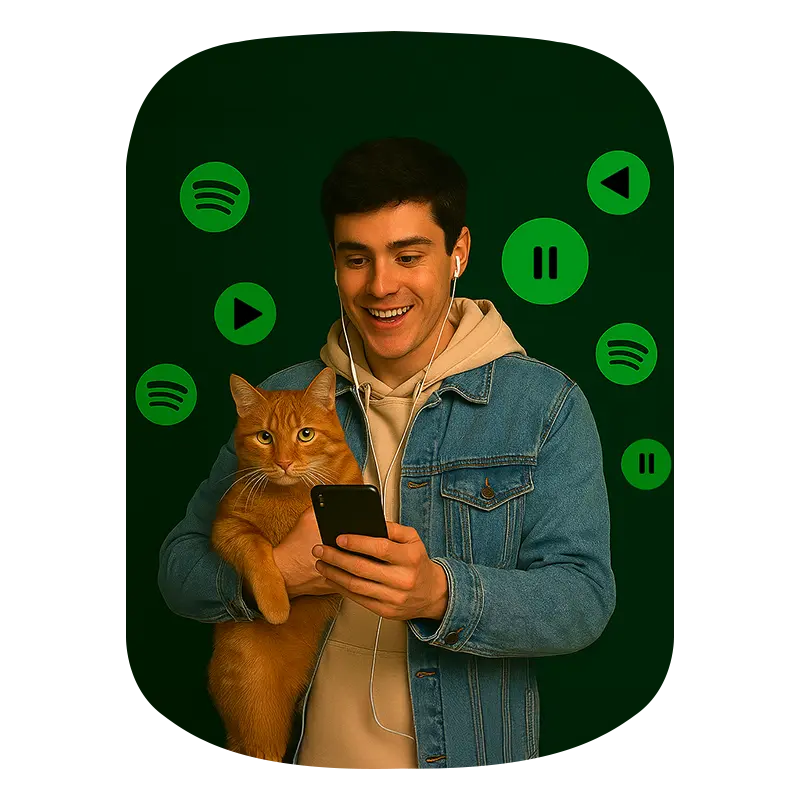 A boy holding cat in his right hand and phone in left hand, In image background spotify playlist icons showing
