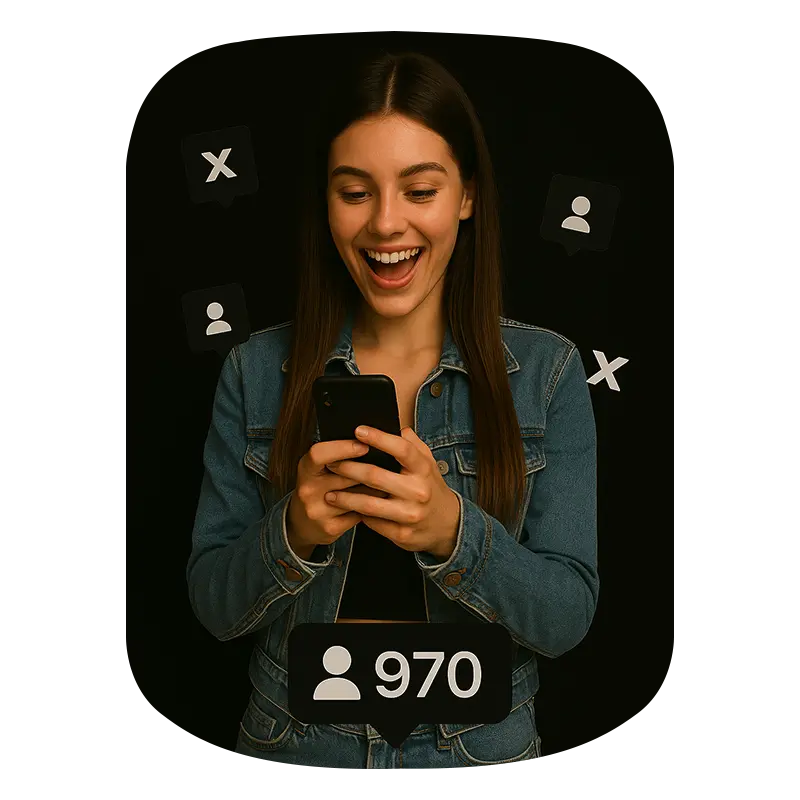 A beautiful girl holding phone and 970 X followers icon showing 