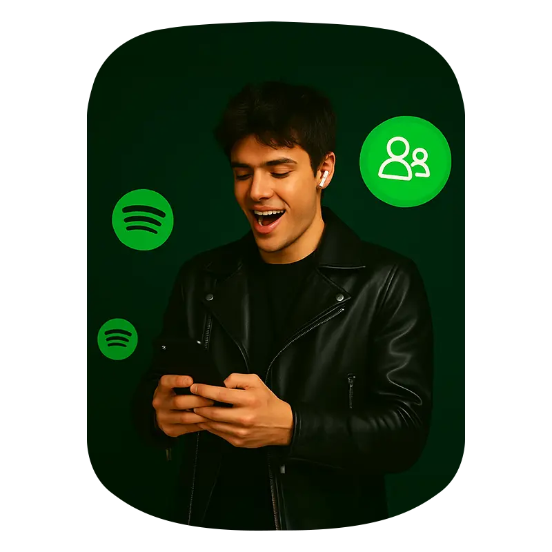 A overwhelming boy holding phone and in background spotify followers icon showing