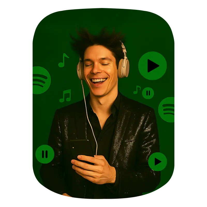 A boy putting headphone while operating phone and in image backgroung spotify plays icons showing