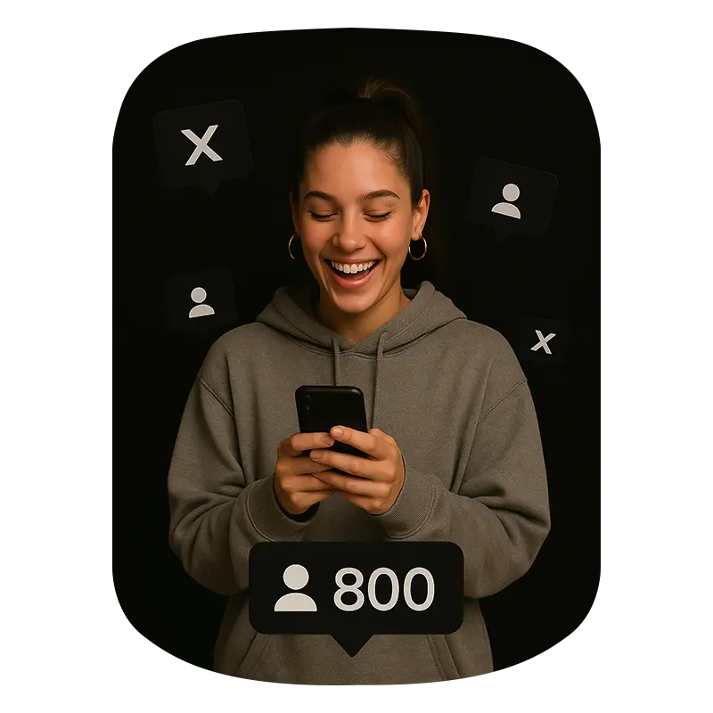 A girl looking her phone while holding and in background 800 X followers icon showing