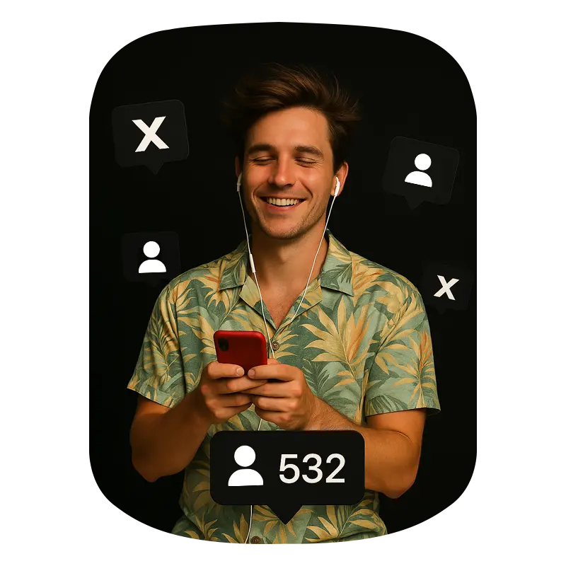 A bou smiling while holding phone and in background 532 X followers icon showing