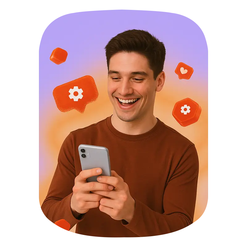 A boy operating phone and in background Automatic tikes icons showing