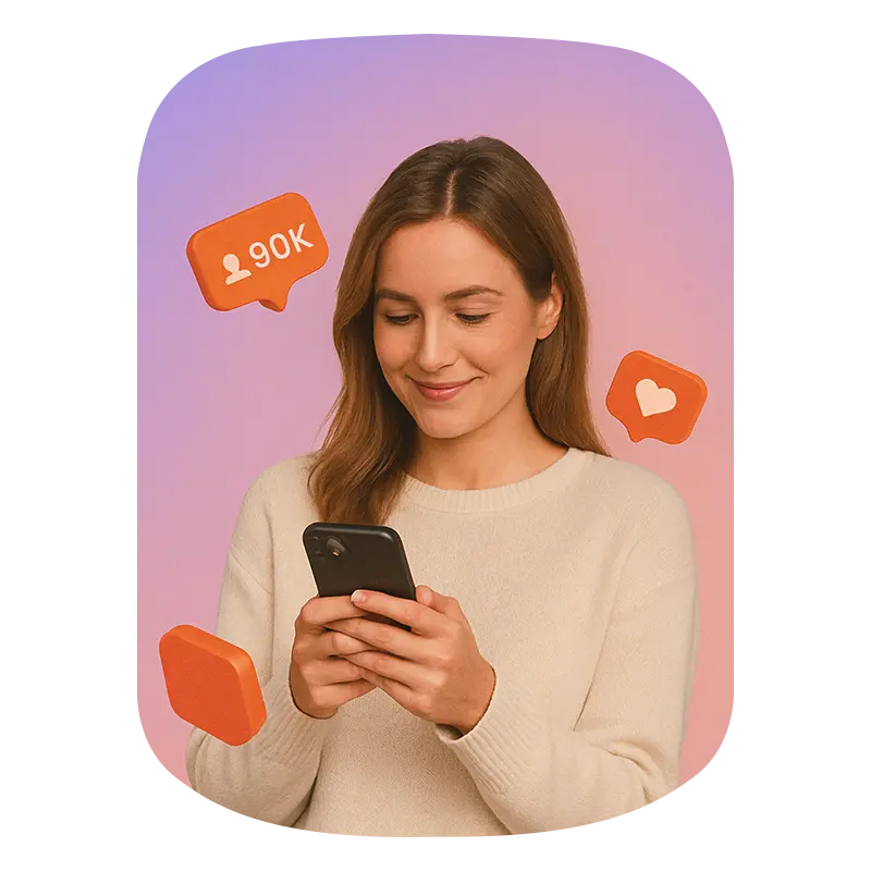 Woman smiling at her phone with flying Instagram follower icons in the background