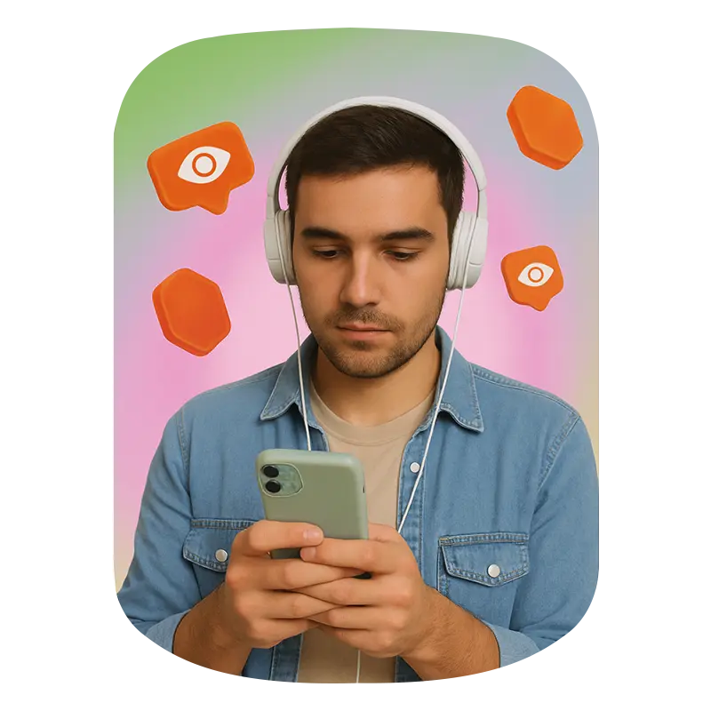 A boy listing song while holding phone and his background Instagram views icons showing