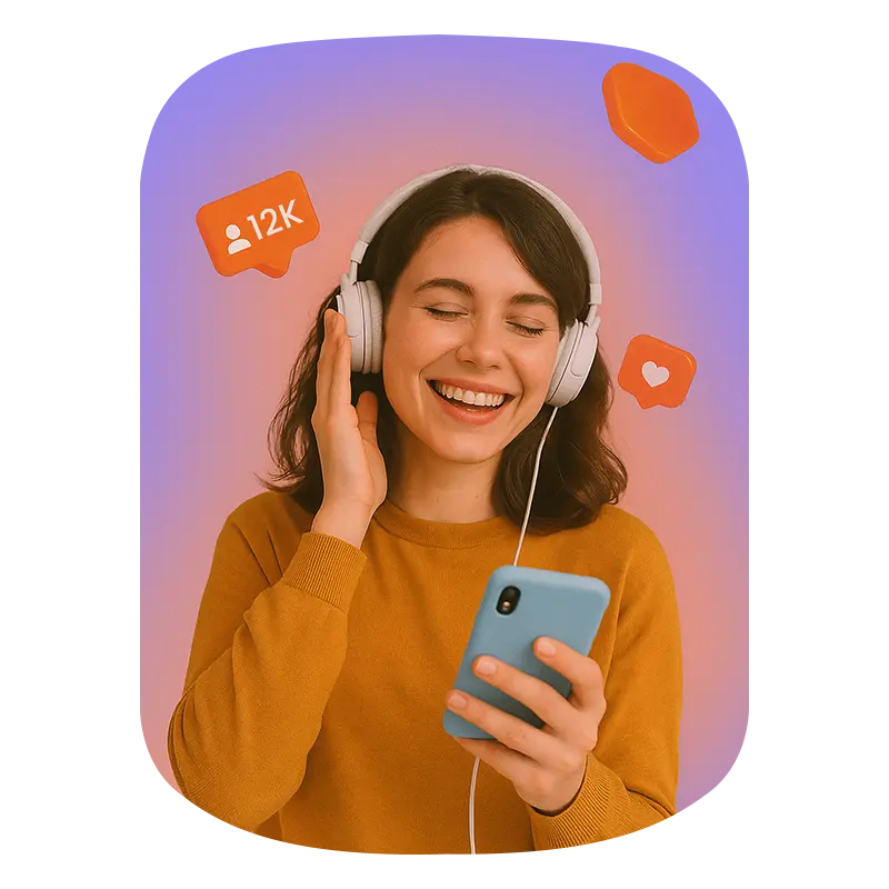 A smiling young woman using her phone while listen songs and Instagram followers icon is fling in background