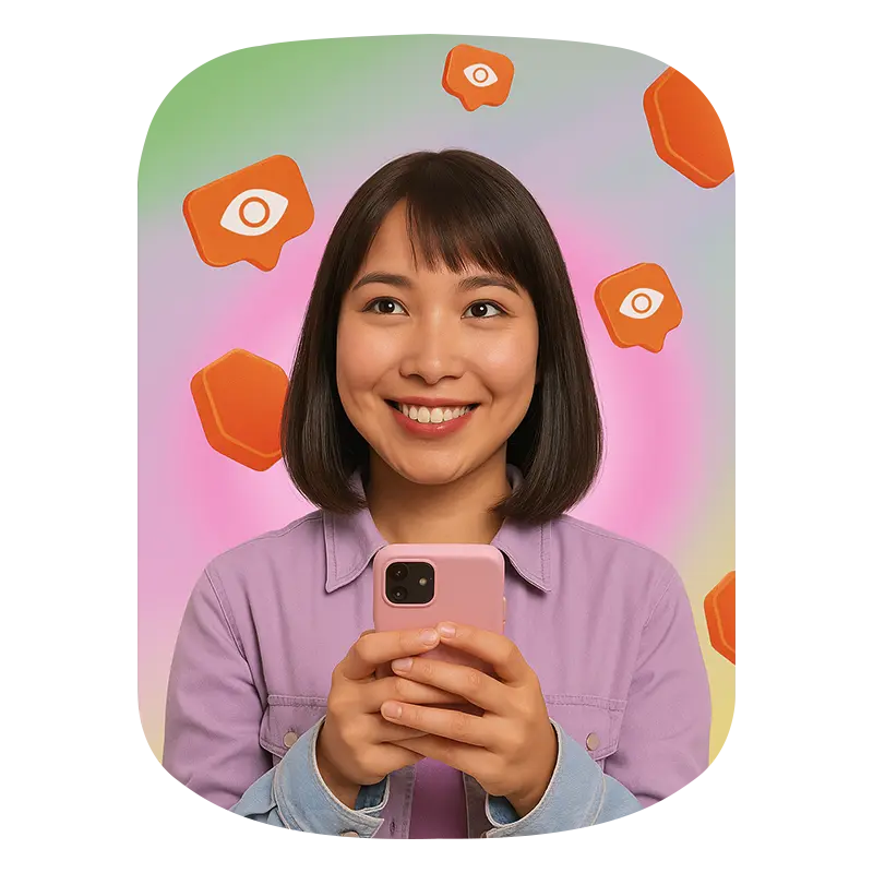 A smiling girl thinking something and her backgroung Impressions icons fling