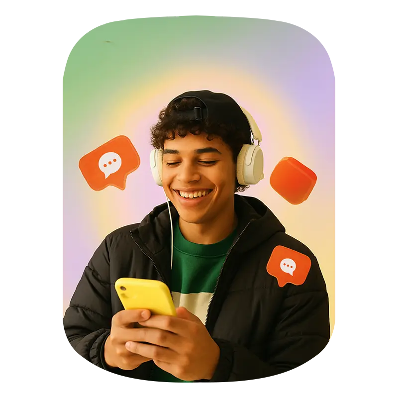 A boy operating phone while putting headphones and ahead his head instagram comments icon showing