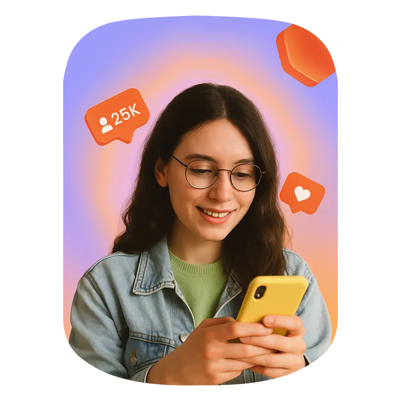 A girl wearing glasses smiles while using her phone, with Instagram follower icons floating in the background