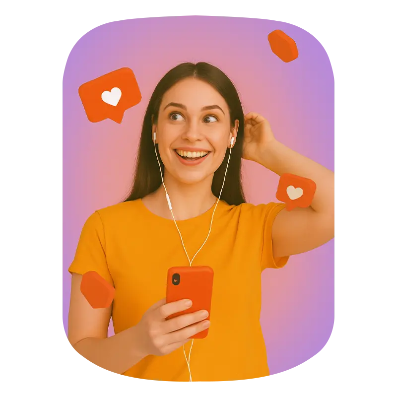 A smiling girl holding phone and her backdroung showing Instagram likes Icons