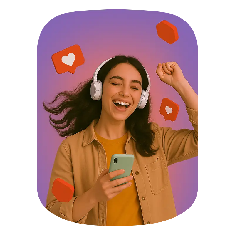 A girl dancing while listening songs and in backgroung likes icons fling