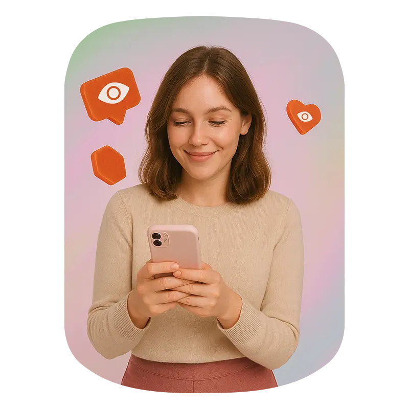 A beautiful girl holding phone and some Impressions icons showing in background