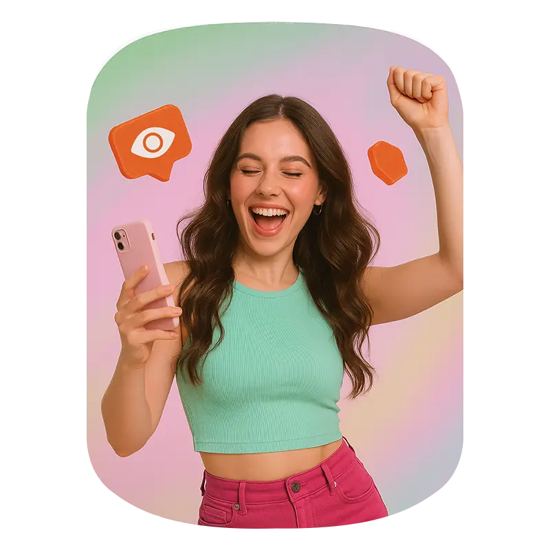 A excited girl dancing and holding phone, instagram icon above her head
