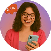 A cute girl smiling while operating phone and 51K instagram followers icon in back