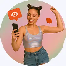 A young exciting girl holding phone and in backgroung showing Instagram views icon