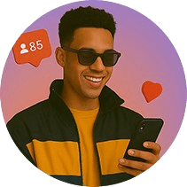 A boy putting up specs while holding phone and some instagram followers icon in background