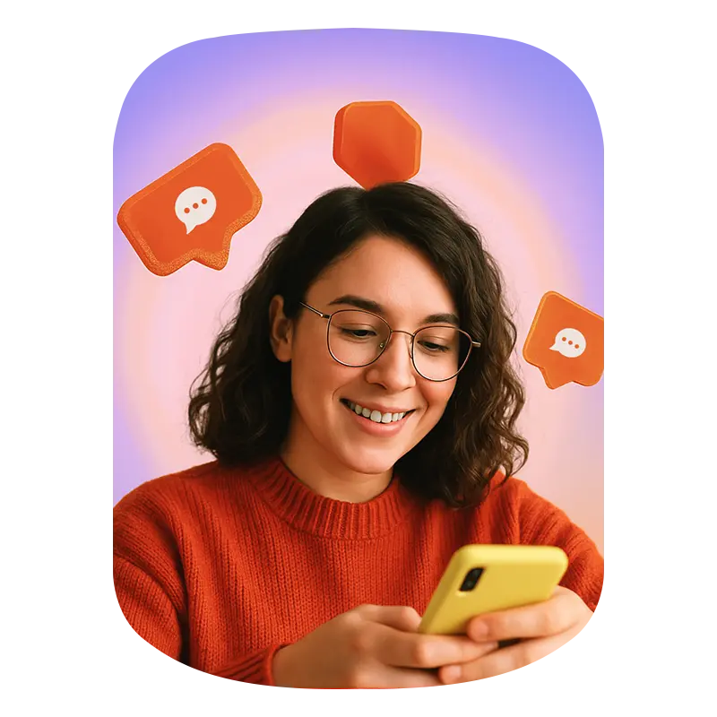 A pretty joy girl looking her phone and instagram comments icon showing in background