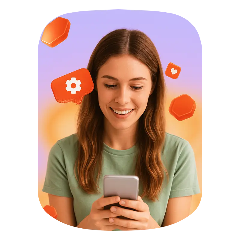 A girl operating phone and above her head likes icons showing