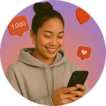 A girl operating phone and smiling, in backgroung 1000 instagram followers icon showing