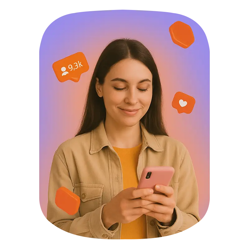 A cute girl holding phone and Instagram followers icon showing background 