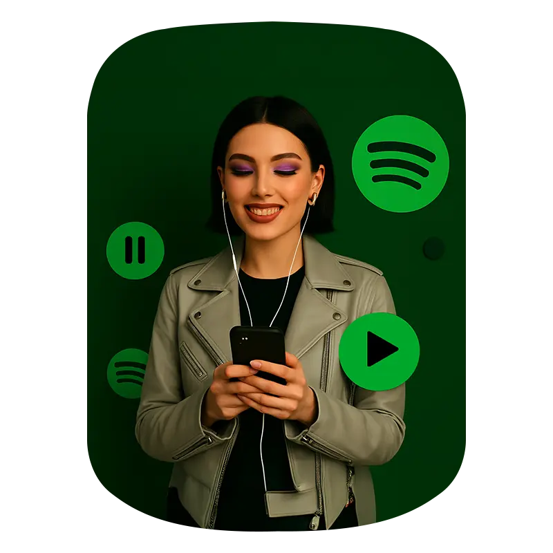 A fancy girl smiling while operating phone and spotify plays icons in background