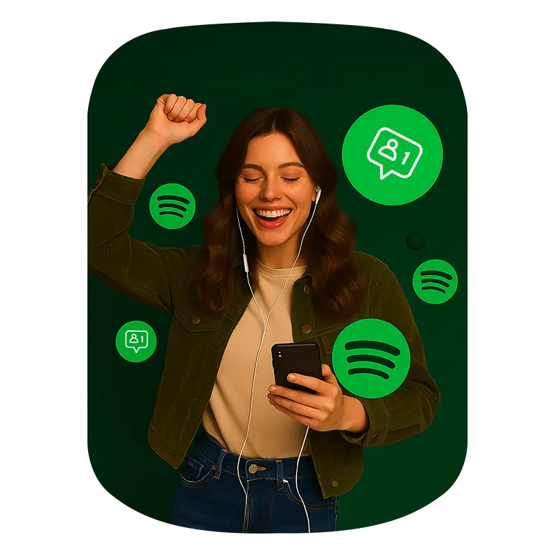 A girl rising her hand in excitment, holding phone and spotify followers icon showing in background