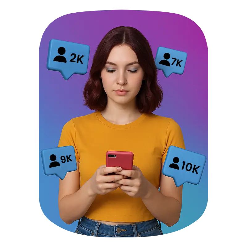 A girl operating phone and in backgroung tiktok followers icons showing