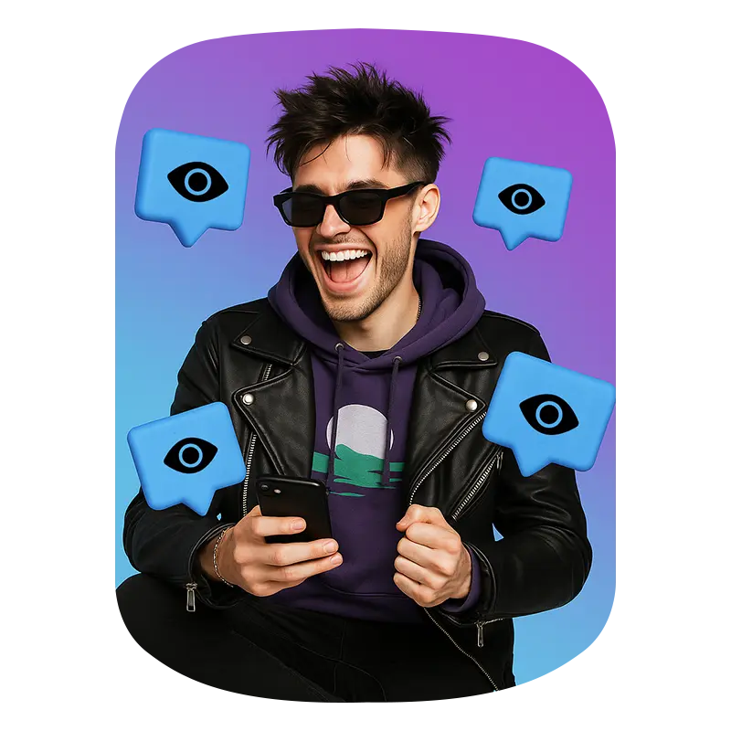 A young boy shouting in excitement wearing specs and in backgroung showing views icon 