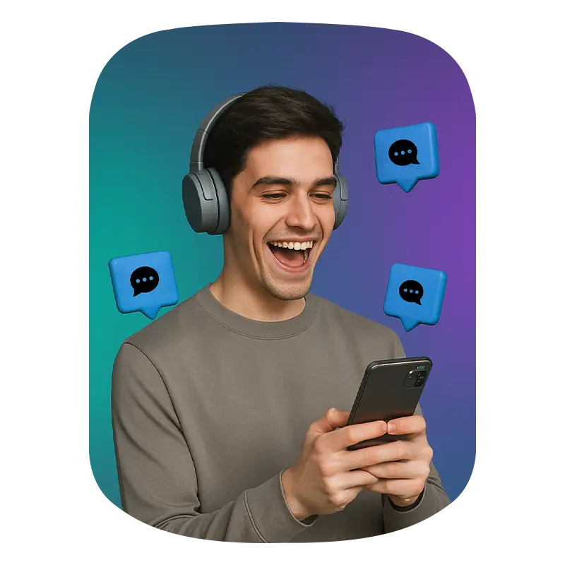 A boy laughing holding phone showing his teeths and tiktok icons in the background