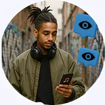 A young boy holding phone while flaunting and tiktok views icon showing in backgroung