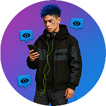 A stylish punky boy holding phone and some tiktok likes icons in image