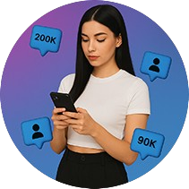 A girl operating phone and in backgroung tiktok followers icons showing