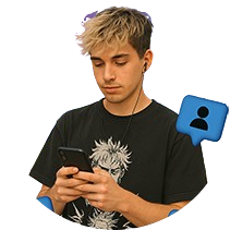 A boy holding phone and putting earbuds in his ear, tiltok followers icon showing in backgroung