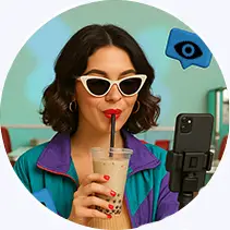 A girl having juice through strok and in background showing tiktok vies icon