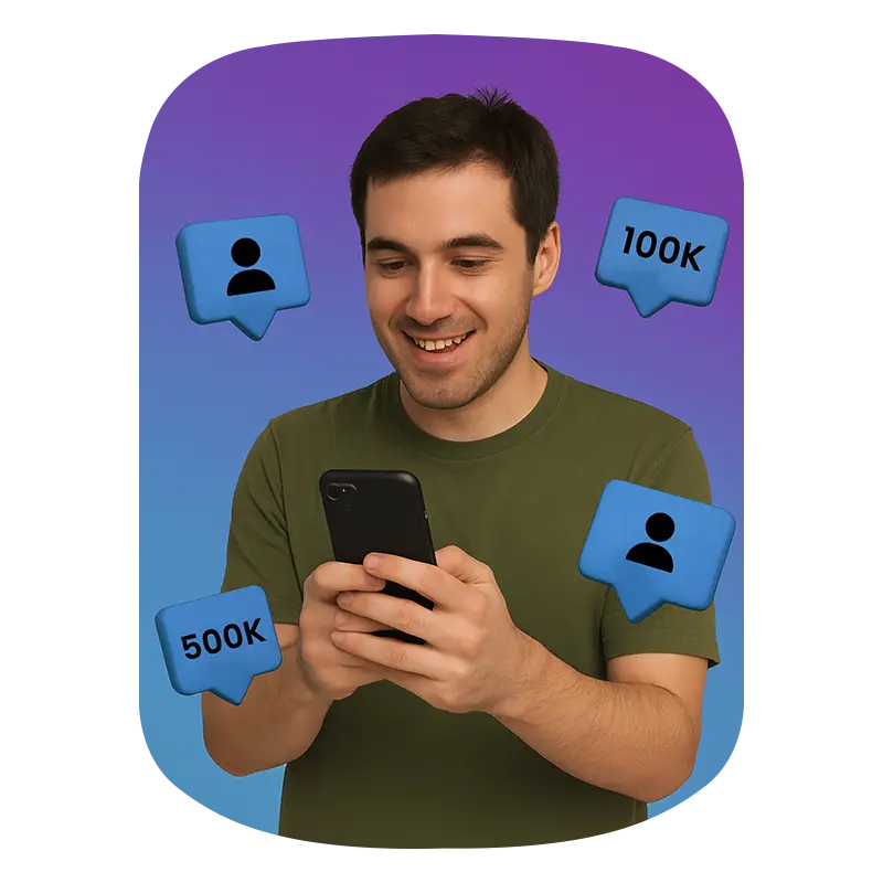 A man operating phone while smiling and tiktok followers icon showing in background