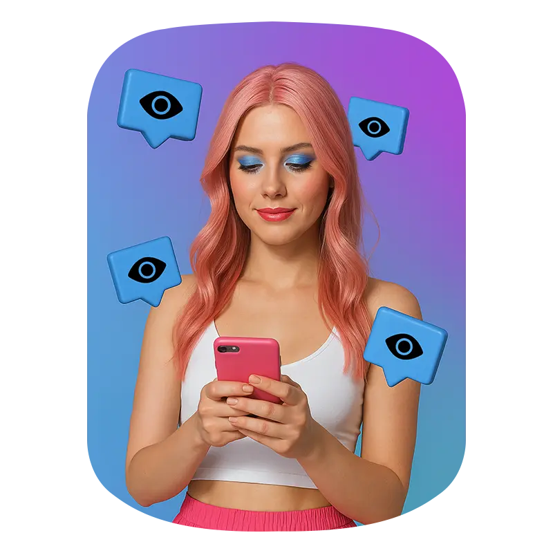 A blend hair girl holding phone and in background tiktok views icon showing