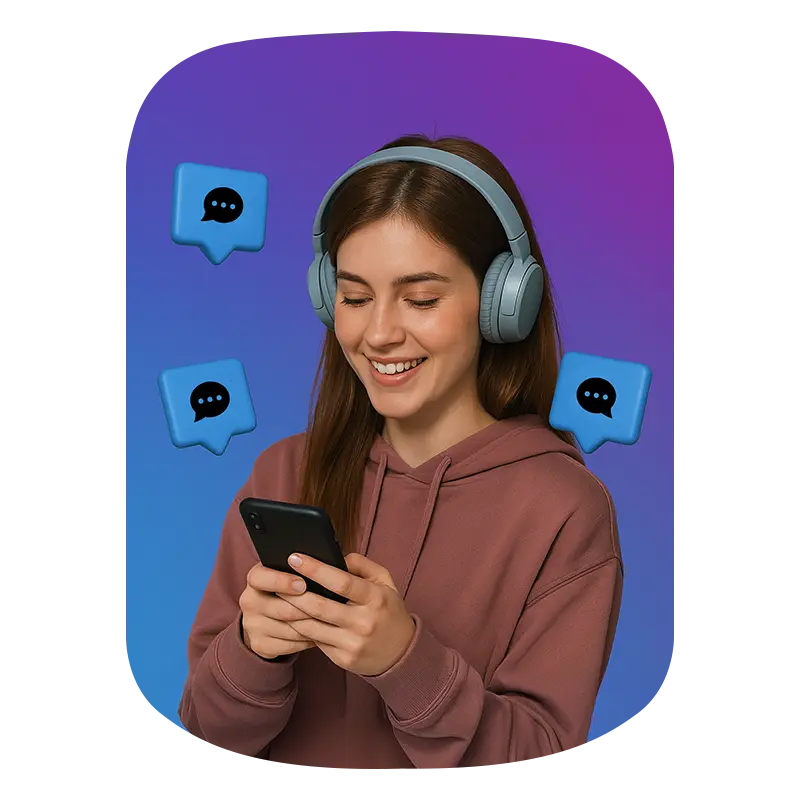 A pretty girl smiling holding phone and using tiktok in image background showing tiktok comments icon