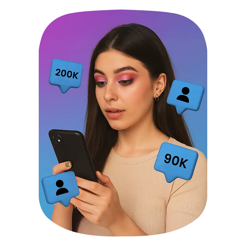 A beautiful girl holding phone and 200k tiktok followers icon showing in background