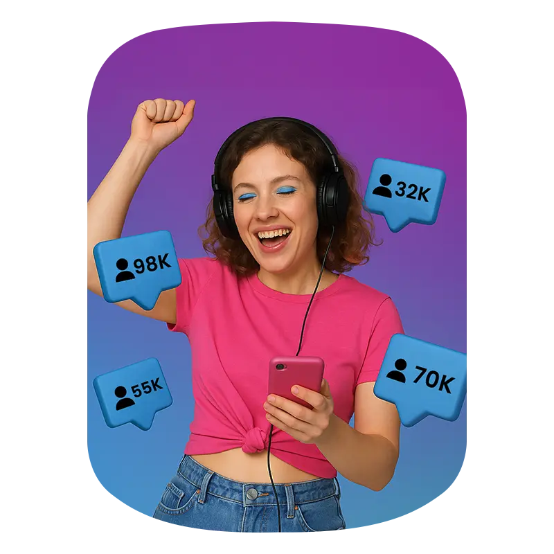 A over excited girl holding phone and some followers icons in the backgroung