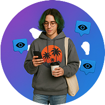 A young man holding phone and coffee and likes icon in backgroung