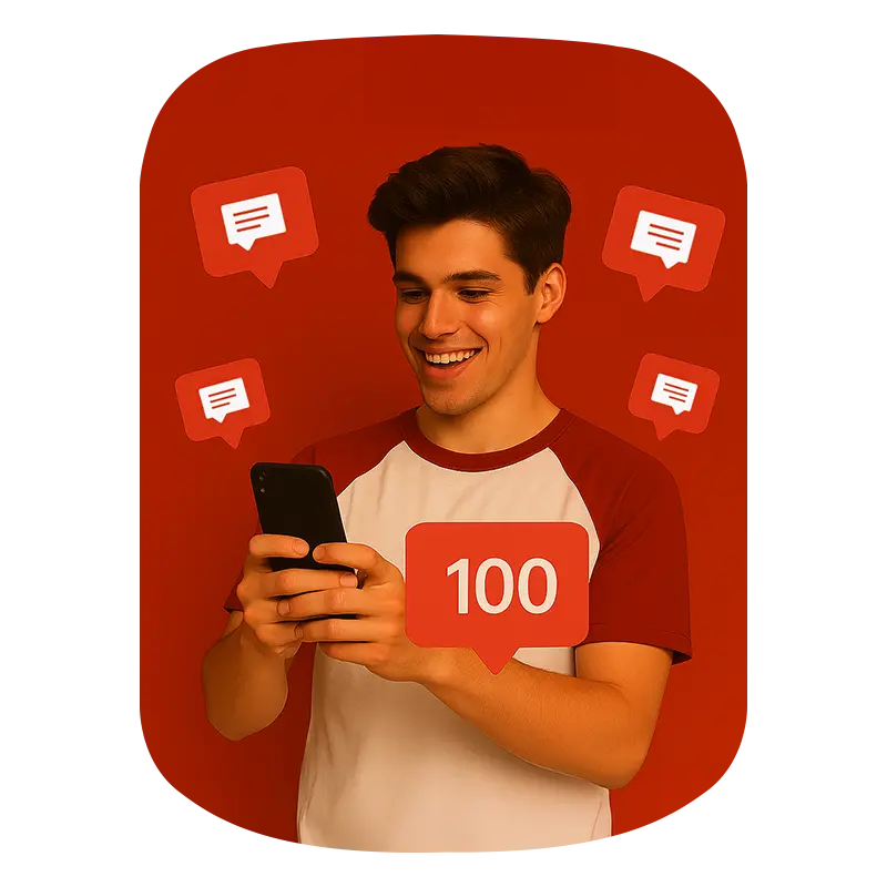 A boy holding phone on his hands and enjoying Youtube comments