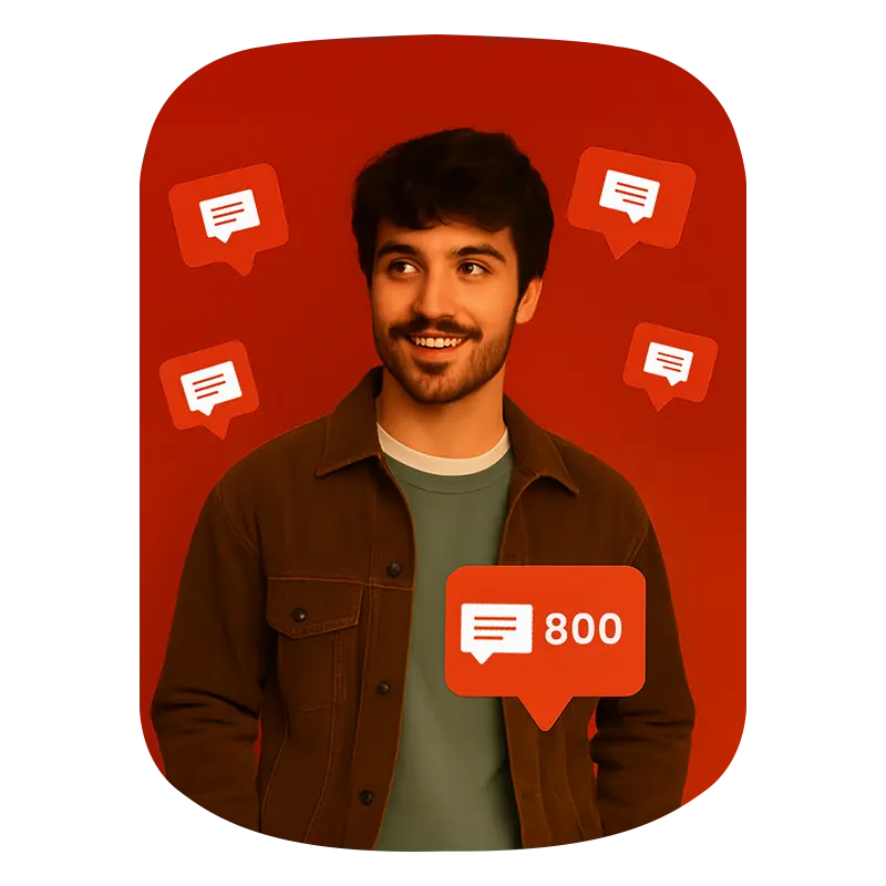 A simple boy smiling politely and in backgroung youtube comments icon showing