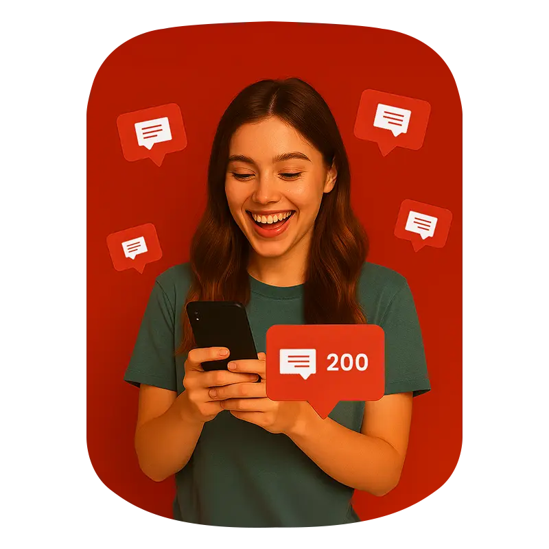 A beautiful girl holding phone in her hands and 200 comments number icon showing in background 