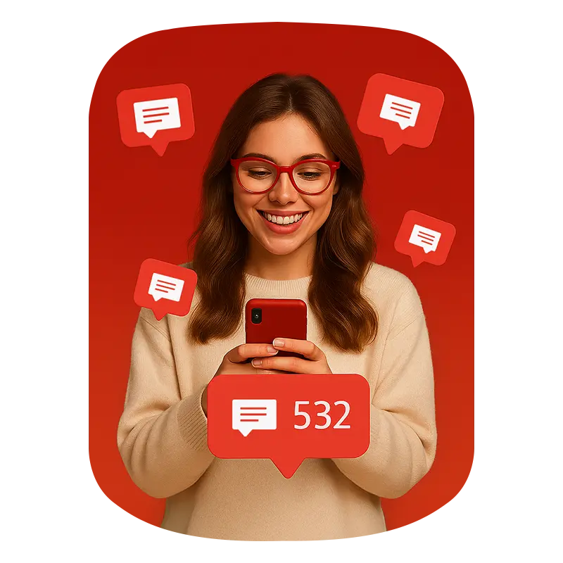 A specs wearing girl operating phone and 532 comments icon showing in a image